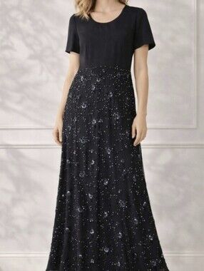 Vintage Black Beaded Evening Dress – Elegant Maxi with Floral Embellishment